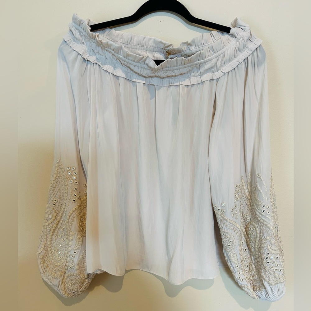 RAMY BROOK beige off the shoulder embellished top